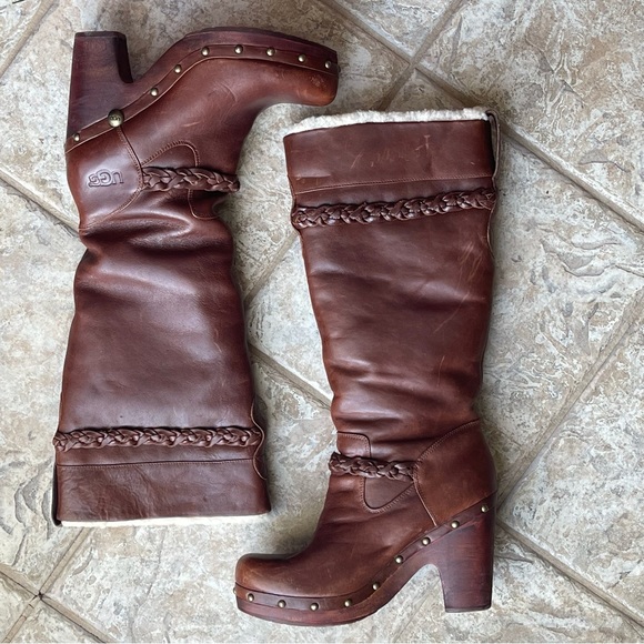 UGG Shoes - BROWN SZ 9 VTG tall leather UGG lambs wool clogs winter fall wooden heel boots
